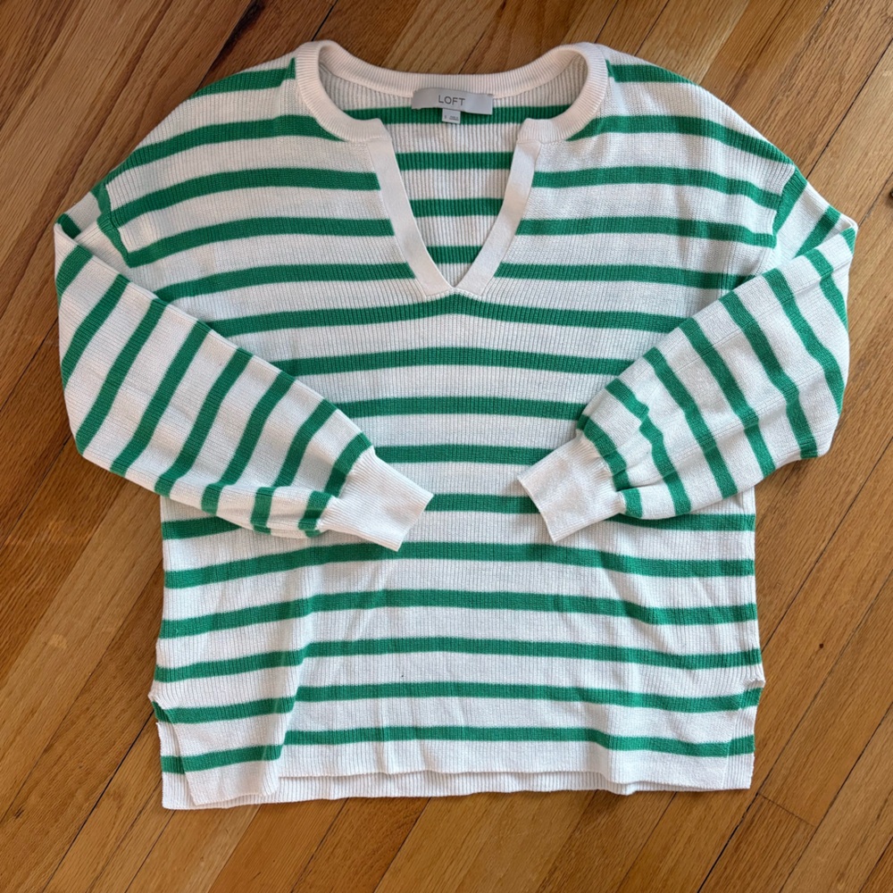 LOFT Green and Cream Striped Knit Top